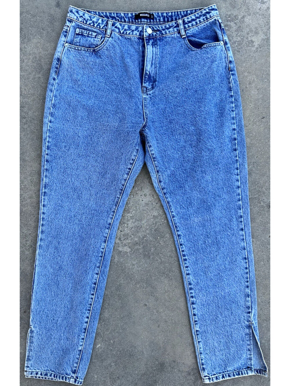 Missguided Denim Blue Jeans Ankle Slit 33W Med Wash High Rise Mom Pants Stone